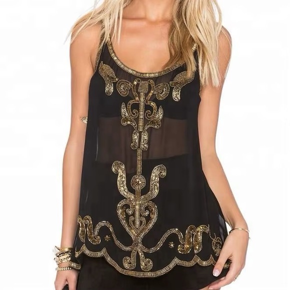 Boston Proper Tops - Boston Proper black and bronze gold beaded tank size XS